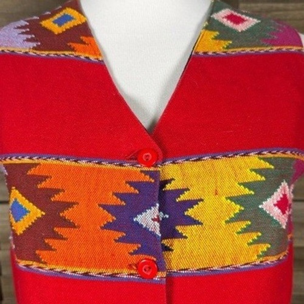 Orvis Women Red Southwestern Geometric Cotton Button Front Vest Size S Guatemala - Picture 3 of 10